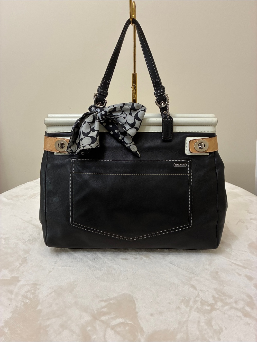Coach Black Leather Shoulder Bag with Cream Trim and Tan Accents & Tie